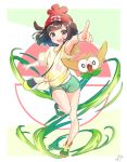  1girl bag beanie black_hair blue_eyes creatures_(company) full_body game_freak gen_7_pokemon green_shorts handbag hat kisukekun leg_up mizuki_(pokemon) nintendo open_mouth pointing pointing_forward pokemon pokemon_(creature) pokemon_(game) pokemon_sm red_headwear rowlet shirt shoes short_hair short_sleeves shorts signature tied_shirt z-ring 