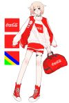  1girl ari_(arikoro88) bag bangs blonde_hair cevio coca-cola collar expressionless full_body highres holding holding_bag jacket_on_shoulders long_sleeves one_(cevio) print_shirt red_bag red_footwear shirt shoes short_hair solo square standing watch watch white_background white_shirt 