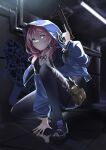  1girl absurdres arknights black_legwear blue_eyes blue_jacket blue_poison_(arknights) crossbow highres holding holding_weapon hood hood_up hooded_jacket jacket necktie pink_hair pomegranate_nana pouch shirt weapon white_shirt 