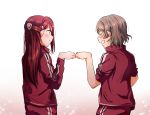  2girls ^_^ blush closed_eyes closed_eyes fist_bump from_behind grey_hair grin hair_ornament hairclip half_updo highres jacket long_sleeves looking_at_another love_live! love_live!_sunshine!! multiple_girls pants red_jacket red_pants redhead sakurauchi_riko short_hair sleeves_pushed_up smile track_jacket track_suit watanabe_you yuchi_(salmon-1000) 