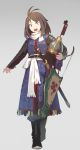  1girl :d antenna_hair armor bow_(weapon) brown_hair commentary fangdan_runiu full_body headwear_removed helmet helmet_removed looking_at_viewer medium_hair open_mouth original scabbard sheath sheathed simple_background smile solo surcoat sword violet_eyes weapon 