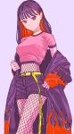  1girl bangs belt breasts chains cowboy_shot dende_(dndn222) earrings expressionless fishnet_legwear fishnet_pantyhose fishnets flame_print highres jewelry long_sleeves looking_at_viewer medium_breasts midriff multicolored_hair off_shoulder original pantyhose pink_shirt purple_background purple_hair red_eyes redhead shirt short_sleeves shorts simple_background sleeves_past_wrists solo two-tone_hair yellow_belt 