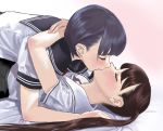  2girls bangs black_hair blush breasts closed_eyes commentary_request highres hiramedousa hug kiss long_hair lying multiple_girls on_back original school_uniform serafuku shirt short_sleeves white_shirt yuri 