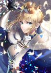  1girl arm_up artoria_pendragon_(all) blonde_hair blue_cape blue_ribbon breastplate cape crown fate/stay_night fate_(series) floating_hair fur-trimmed_cape fur_trim green_eyes hair_ribbon holding holding_sword holding_weapon looking_at_viewer noes ribbon saber shiny shiny_hair short_hair solo sword upper_body weapon 