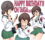  1girl :q actas_(studio) armband bag birthday black-framed_eyewear black_neckwear blouse brown_eyes brown_hair camera carrying character_name closed_mouth commentary english_text eyebrows_visible_through_hair facing_viewer from_side girls_und_panzer glasses green_skirt hair_tie happy_birthday holding holding_camera holding_microphone holding_notepad holding_pen kasai_shin long_sleeves media_factory microphone miniskirt multiple_views navel neckerchief notepad ooarai_school_uniform open_mouth ou_taiga pen pleated_skirt satchel school_uniform semi-rimless_eyewear serafuku short_hair skirt smile solo standing tokyo_mx tongue tongue_out twintails under-rim_eyewear white_background white_blouse 