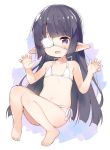  1girl bangs bare_arms bare_legs bare_shoulders barefoot bikini black_hair blush collarbone commentary_request eyebrows_visible_through_hair eyepatch full_body granblue_fantasy hands_up harvin legs long_hair looking_at_viewer lunalu_(granblue_fantasy) meito_(maze) navel open_mouth side-tie_bikini solo swimsuit very_long_hair violet_eyes white_bikini 
