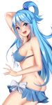  1girl absurdres aqua_(konosuba) ardi_rayhan ass bangs bare_shoulders bikini blue_bikini blue_eyes blue_hair blush breasts eyebrows_visible_through_hair hair_between_eyes hair_ornament highres kono_subarashii_sekai_ni_shukufuku_wo! large_breasts long_hair looking_at_viewer navel open_mouth simple_background smile solo swimsuit white_background 