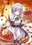  1girl alternate_costume apron blue_eyes blueberry blush bow braid brown_dress dress finger_to_mouth food frilled_apron frills fruit green_bow hair_bow hair_ornament hairclip highres holding honey honeycomb_(pattern) izayoi_sakuya juliet_sleeves kure~pu long_sleeves looking_at_viewer maid maid_apron maid_headdress mint neck_ribbon pancake puffy_sleeves raspberry ribbon short_hair side_braid signature silver_hair sitting solo stack_of_pancakes strawberry touhou twin_braids 