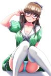  1girl alternate_costume arm_up bangs black_ribbon blue_eyes blue_panties blush breasts brown_hair cleavage closed_mouth collarbone commentary_request crotch_seam dead_or_alive dead_or_alive_6 dress eyebrows_visible_through_hair glasses green_dress hair_ornament hair_ribbon hand_in_hair hiroyama_(hpzg5374) hitomi_(doa) knees_up long_hair looking_at_viewer medium_breasts panties pantyshot pantyshot_(standing) puffy_sleeves red-framed_eyewear ribbon sailor_collar shadow short_sleeves sidelocks sitting smile solo standing thigh-highs underwear white_background white_legwear white_sailor_collar 