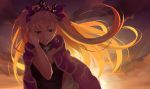  1girl backlighting blonde_hair breasts cape crossed_arms ereshkigal_(fate/grand_order) fate/grand_order fate_(series) hand_in_hair long_hair medium_breasts mukunokino_isshiki red_ribbon ribbon skull solo sunset twintails 