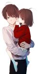  1boy 1girl ahoge black_pants brother_and_sister brown_eyes brown_hair eyebrows_visible_through_hair hair_between_eyes hand_on_another&#039;s_head hand_on_own_face highres honryou_wa_naru hug looking_at_viewer original pants red_sweater shirt short_hair siblings skirt socks straight_hair sweater whispering white_background white_shirt 