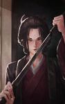  1girl absurdres black_hair bluecup brown_eyes coat commentary_request emma_the_gentle_blade forehead highres japanese_clothes katana kimono korean_commentary lips looking_at_viewer overcoat scabbard sekiro:_shadows_die_twice serious sheath short_hair solo spoilers sword unsheathing updo weapon 