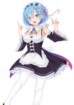  1girl absurdres alternate_costume armpits arms_up bare_shoulders blue_eyes blue_hair blush breasts cleavage detached_sleeves enmaided hair_ornament hair_over_one_eye hair_ribbon highres loafers maid male_focus medium_breasts pink_hair pointing re:zero_kara_hajimeru_isekai_seikatsu rem_(re:zero) ribbon shoes short_hair smile solo tming white_background white_legwear wide_sleeves x_hair_ornament 