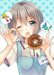  1girl ;o aoba_moca apron bang_dream! bangs blue_apron blue_eyes blush character_name collared_shirt commentary_request doughnut food grey_hair highres holding holding_food looking_at_viewer name_tag ok_sign one_eye_closed pen_in_pocket polka_dot polka_dot_background polo_shirt reiwa shirt short_hair short_sleeves solo translated tsurugi_hikaru uniform upper_body 