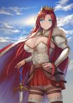  1girl bangs blue_eyes boudica_(fate/grand_order) breasts cape cleavage closed_mouth clouds cowboy_shot crown fate/grand_order fate_(series) hand_on_hip large_breasts long_hair looking_at_viewer maekawa_yuichi parted_bangs red_cape red_skirt redhead shiny shiny_skin skirt sky smile solo standing sun sword thigh-highs weapon 