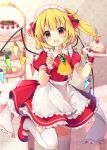  1girl :d alternate_costume apron ascot bangs blonde_hair blueberry blurry blurry_background blush brooch cake commentary_request cowboy_shot dress enmaided eyebrows_visible_through_hair fang flandre_scarlet food fork frilled_shirt_collar frills fruit hair_between_eyes hair_ribbon hands_up heart highres holding holding_food holding_fork indoors jewelry light_particles looking_at_viewer macaron maid maid_apron maid_headdress mary_janes one_side_up open_mouth petticoat plate puffy_short_sleeves puffy_sleeves red_dress red_eyes red_footwear red_ribbon ribbon ruhika shoes short_hair short_sleeves smile solo standing standing_on_one_leg strawberry strawberry_shortcake thigh-highs thighs tiered_tray touhou waist_apron white_apron white_legwear wrist_cuffs yellow_neckwear zettai_ryouiki 