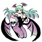  1girl akairiot animal_print bangs bat_print bat_wings black_leotard breasts bridal_gauntlets cleavage demon_girl full_body green_eyes green_hair hand_on_own_chest head_wings heart_cutout large_breasts legs_up leotard long_hair looking_at_viewer low_wings morrigan_aensland no_nose one_eye_closed pantyhose print_legwear purple_legwear simple_background skull solo succubus vampire_(game) white_background wings 