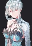  1girl artist_request asymmetrical_clothes asymmetrical_hair backless_outfit bandage bandaged_arm bandaged_leg bandaged_neck bandages braid flower hair_flower hair_ornament highres kaine_(nier) lingerie long_hair looking_at_viewer negligee nier nier_(series) silver_hair simple_background solo thigh_strap underwear 