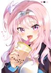  1girl :d absurdres blue_eyes commentary_request drinking_straw hairband highres hoerutarou long_hair looking_at_viewer open_mouth original pink_eyes pink_hair reiwa simple_background smile solo translated upper_body white_background 