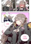  1boy 1girl arm_grab blush brown_hair comic commander_(girls_frontline) commentary fingers_together girls_frontline grin hair_between_eyes heart long_hair pantyhose pink_background side_ponytail skirt smile speech_bubble taesi translation_request trembling ump45_(girls_frontline) wavy_mouth 