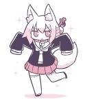  1girl :o animal_ear_fluff animal_ears bangs bell bell_collar blush collar commentary_request eyebrows_visible_through_hair fox_ears fox_girl fox_tail full_body hair_between_eyes hair_bun hair_ornament highres jingle_bell kemomimi-chan_(naga_u) long_sleeves looking_at_viewer monochrome naga_u original parted_lips pleated_skirt ribbon-trimmed_legwear ribbon_trim sailor_collar shadow shirt sidelocks skirt sleeves_past_fingers sleeves_past_wrists solo sparkle standing standing_on_one_leg tail thigh-highs v-shaped_eyebrows white_background 