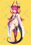  1girl absurdres arm_warmers armor bikini bikini_armor black_legwear blue_eyes boots breasts cape choker commentary_request earrings elizabeth_bathory_(brave)_(fate) elizabeth_bathory_(fate) elizabeth_bathory_(fate)_(all) fang fate/grand_order fate_(series) full_body hairband highres horns jewelry knee_boots long_hair lowleg lowleg_bikini navel open_mouth pauldrons pointy_ears purple_hair red_bikini red_footwear red_legwear simple_background small_breasts smile solo swimsuit sword tail thigh-highs two_side_up vambraces weapon white_cape yellow_background yomogi_uehara 