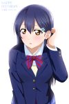  1girl adjusting_hair arm_up bangs birthday blazer blue_hair blush bow bowtie character_name commentary_request dated english_text hair_between_eyes hair_ornament hairclip happy_birthday highres jacket long_hair long_sleeves looking_at_viewer love_live! love_live!_school_idol_project otonokizaka_school_uniform parted_lips red_neckwear school_uniform simple_background solo sonoda_umi striped striped_neckwear white_background yellow_eyes 