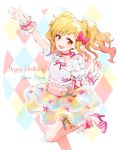 1girl :d aikatsu!_(series) aikatsu_stars! ankle_cuffs bare_legs blonde_hair blouse blush bow brown_eyes choker commentary_request cowboy_shot eyebrows_visible_through_hair food food_print fruit gradient_hair hair_bow happy_birthday high_heels highres idol jewelry leg_up long_hair looking_at_viewer midriff multicolored_hair nail_polish navel necklace nijino_yume open_mouth pearl_necklace pink_hair popoin puffy_short_sleeves puffy_sleeves ribbon_choker short_sleeves skirt smile solo strawberry strawberry_print twintails waving white_blouse wrist_cuffs 
