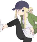  1girl aki_poi baseball_cap black_headwear black_legwear blonde_hair blue_eyes commentary_request green_jacket hair_rings hat jacket leg_up long_hair looking_at_viewer open_clothes open_jacket original pants shirt shoes sidelocks simple_background sneakers solo v-shaped_eyebrows white_background white_footwear white_shirt 