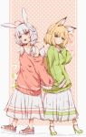  2girls ahoge animal_ears back-to-back blonde_hair commentary_request fox_ears fox_tail full_body green_eyes green_sweater hair_ornament hairclip high_heels jerry3912 long_hair low_twintails multiple_girls off_shoulder open_mouth original oversized_clothes pink_sweater rabbit_ears red_eyes shoes short_hair silver_hair skirt sleeves_past_wrists smile sneakers sweater tail twintails white_skirt 