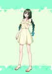  1girl alternate_costume asui_tsuyu bare_arms bare_legs bare_shoulders black_eyes black_hair boku_no_hero_academia braid breasts collarbone commentary_request dress eyebrows_visible_through_hair frog_girl green_hair green_nails hair_between_eyes hair_rings highres long_hair looking_at_viewer lukapang nail_polish solo tongue tongue_out twin_braids yellow_dress 