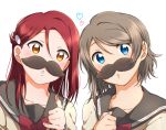  2girls :o blue_eyes bow bowtie fake_facial_hair fake_mustache grey_hair hair_between_eyes hair_ornament hairclip half_updo heart highres long_hair looking_at_viewer love_live! love_live!_sunshine!! multiple_girls red_neckwear redhead sakurauchi_riko school_uniform serafuku short_hair simple_background upper_body uranohoshi_school_uniform watanabe_you white_background yellow_eyes yuchi_(salmon-1000) 