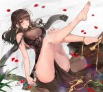  1girl alcohol alraco bangs bare_shoulders blunt_bangs blush breasts brown_hair cleavage dress dsr-50_(girls_frontline) girls_frontline glass hair_ornament highres jewelry large_breasts long_hair looking_at_viewer petals red_eyes shoe_dangle sidelocks solo very_long_hair 