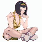  1girl bare_shoulders black_hair boots breasts bright_pupils chromatic_aberration cleavage closed_mouth collarbone cowboy_bebop cowboy_shot faye_valentine fingernails full_body green_eyes hair_intakes hairband hands_up indian_style looking_at_viewer medium_breasts multicolored multicolored_eyes pink_legwear shioaji_(siolog) short_hair shorts simple_background sitting solo thigh-highs violet_eyes white_background white_footwear white_pupils yellow_hairband yellow_shorts zettai_ryouiki 