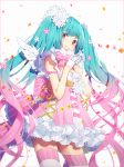 1girl aqua_hair bare_shoulders blush bow closed_mouth commentary dress feathered_wings flower gloves gradient_hair hair_flower hair_ornament hakusai_(tiahszld) half_gloves hands_up hatsune_miku long_hair mini_wings multicolored_hair pink_bow pink_dress pink_eyes pink_flower pink_hair red_flower revision short_dress simple_background sleeveless sleeveless_dress smile solo striped striped_bow symbol_commentary thigh-highs twintails vertical_stripes very_long_hair vocaloid white_background white_flower white_gloves white_legwear white_wings wings 