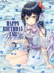  1girl arm_support bangs bare_legs bare_shoulders birthday blue_hair blush butterfly_hair_ornament character_name chinese_commentary commentary_request english_text eyebrows_visible_through_hair flower full_body hair_between_eyes hair_flower hair_ornament hairclip happy_birthday highres long_hair looking_at_viewer love_live! love_live!_school_idol_festival love_live!_school_idol_project microphone otonokizaka_school_uniform parted_lips partially_submerged petals school_uniform sitting smile solo sonoda_umi touri_tarou_(misconception) water x_hair_ornament yellow_eyes yokozuwari 