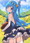  1girl backless_dress backless_outfit bangs basket blue_dress blue_eyes blue_flower blue_hair blue_sky blurry blurry_background blush breasts bug butterfly choker clouds cowboy_shot day detached_sleeves dress emori_miku emori_miku_project eyebrows_visible_through_hair field floating_hair flower flower_field from_behind garter_straps hair_flower hair_ornament head_tilt head_wreath highres holding holding_basket insect layered_dress long_hair long_sleeves looking_at_viewer medium_breasts orange_flower outdoors petals red_flower shiny shiny_hair short_dress side_ponytail sideboob sky sleeveless sleeveless_dress smile solo standing strapless strapless_dress swept_bangs takanashi_sora_(soramyon) thigh-highs very_long_hair white_flower white_legwear white_sleeves 