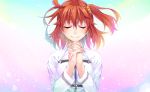  1girl closed_eyes command_spell fate/grand_order fate_(series) fujimaru_ritsuka_(female) hair_between_eyes hands_clasped mukunokino_isshiki multicolored multicolored_background orange_hair own_hands_together scrunchie short_hair side_ponytail smile solo upper_body yellow_scrunchie 