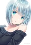  1girl black_sweater blue_eyes looking_at_another looking_at_viewer off_shoulder original parted_lips sakuyabm shiny shiny_hair short_hair silver_hair simple_background solo sweater twitter_username upper_body white_background 