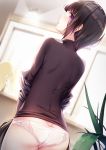  1girl ass bangs black_shirt blurry blurry_background brown_hair butt_crack commentary_request depth_of_field dutch_angle eyebrows_visible_through_hair from_behind highres idolmaster idolmaster_cinderella_girls idolmaster_cinderella_girls_starlight_stage indoors long_sleeves looking_at_viewer looking_back no_pants panties parted_lips plant revision shirayuki_chiyo shirt solo underwear violet_eyes wall_lamp white_panties window yan_(nicknikg) 