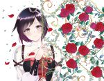  1girl absurdres artist_name bangs black_dress black_hair blush corset dress flower gate gradient_hair grey_eyes grey_eyes highres lips multicolored_hair petals red_flower red_rose redhead rose rose_petals ruby_rose rwby short_hair smile sunnypoppy two-tone_hair white_background 