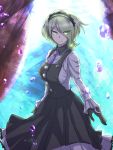  1girl apron black_apron black_gloves black_hairband blonde_hair collared_shirt dangan_ronpa eyes_visible_through_hair frilled_skirt frills gloves grey_shirt hair_over_one_eye hairband highres long_skirt long_sleeves looking_at_viewer new_dangan_ronpa_v3 pleated_skirt shirt short_hair skirt solo standing toujou_kirumi white_skirt yellow_eyes zi_huahuo 