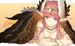  1girl bangle bangs bare_shoulders blue_eyes bracelet breasts brown_background brown_wings circe_(fate/grand_order) closed_mouth commentary_request dress eyebrows_behind_hair fate/grand_order fate_(series) feathered_wings head_wings headpiece jewelry long_hair multicolored multicolored_eyes pink_hair pointy_ears red_eyes sleeveless sleeveless_dress small_breasts smile solo two-tone_background white_background white_dress white_wings wings yuuuuu 