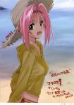  1girl absurdres akai_toshifumi antenna_hair artist_name beach blurry blurry_background from_side green_eyes grey_headwear hair_intakes hat highres hood hooded_jacket jacket long_sleeves looking_at_viewer macross macross_7 midriff mylene_jenius ocean open_mouth page_number pink_hair short_hair solo straw_hat upper_body yellow_jacket 