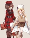  2girls :d absurdres bag bangs black_neckwear blonde_hair blush boots box brown_background brown_footwear brown_gloves brown_hair brown_legwear brown_skirt cardboard_box character_request coat collared_shirt commentary_request eye_contact eyebrows_visible_through_hair fingerless_gloves flat_cap fur_hat girls_frontline gloves hair_between_eyes hair_ornament hairclip hat highres holding holding_bag holding_box jacket jacket_on_shoulders knee_boots long_hair long_sleeves looking_at_another looking_to_the_side matsuo_(matuonoie) multiple_girls nagant_revolver_(girls_frontline) necktie open_mouth pantyhose red_coat red_eyes red_headwear shirt sideways_hat simple_background skirt smile socks white_gloves white_headwear white_jacket white_shirt yellow_eyes 