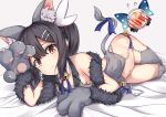  1girl animal_ear_fluff animal_ears bangs bare_shoulders bell black_hair blue_neckwear blue_ribbon blush breasts brown_eyes cat_ears cat_paws cat_tail collarbone fate/grand_order fate/kaleid_liner_prisma_illya fate_(series) grey_legwear hair_between_eyes hair_ornament hairclip highres long_hair looking_at_viewer lying miyu_edelfelt navel no_panties on_side paws ribbon sar small_breasts solo tail tail_ribbon thigh-highs y3010607 