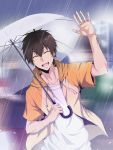  1boy :d ace_of_diamond blurry blurry_background brown_hair cat-24_(xmaru) closed_eyes collarbone facing_viewer hand_up highres holding holding_umbrella hood hood_down male_focus open_mouth outdoors rain sawamura_eijun shirt smile solo transparent transparent_umbrella umbrella upper_body white_shirt 