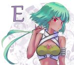  1girl breasts cleavage dark_skin emerald_sustrai green_hair highres iesupa jewelry long_hair medium_breasts midriff red_eyes rwby short_hair short_hair_with_long_locks solo 