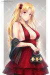  1girl bag bangs bare_shoulders blonde_hair blush border breasts cleavage closed_mouth dress earrings ereshkigal_(fate/grand_order) fate/grand_order fate_(series) grey_background handbag hoop_earrings infinity jewelry large_breasts long_hair looking_at_viewer medium_breasts necklace parted_bangs red_dress red_eyes rei_kun sideboob smile solo sparkle two_side_up white_border 
