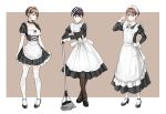  1girl androgynous apron black_eyes black_hair black_legwear blush breasts brown_hair choker cleavage commentary dkrdkrdkr english_commentary frilled_apron frilled_skirt frills glasses hand_on_hip highres maid maid_apron maid_headdress mop original pantyhose puffy_short_sleeves puffy_sleeves short_hair short_sleeves simple_background skirt thigh-highs very_short_hair white_legwear 